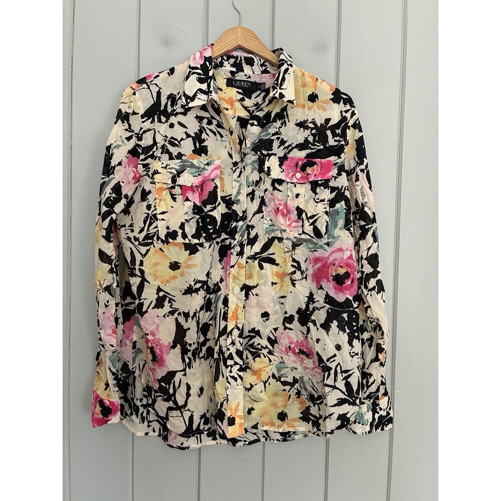 Lauren Ralph Lauren Button Up Shirt L Large Lightweight Black Floral Collar L/S